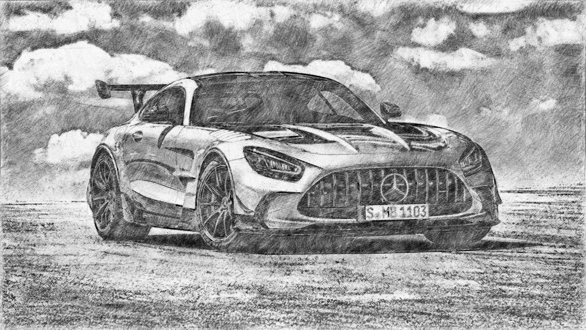Grayscale pencil drawing of a Mercedes sports car in low-angle perspective; dynamic 5K Ultra HD PC desktop wallpaper background of a high-performance vehicle.