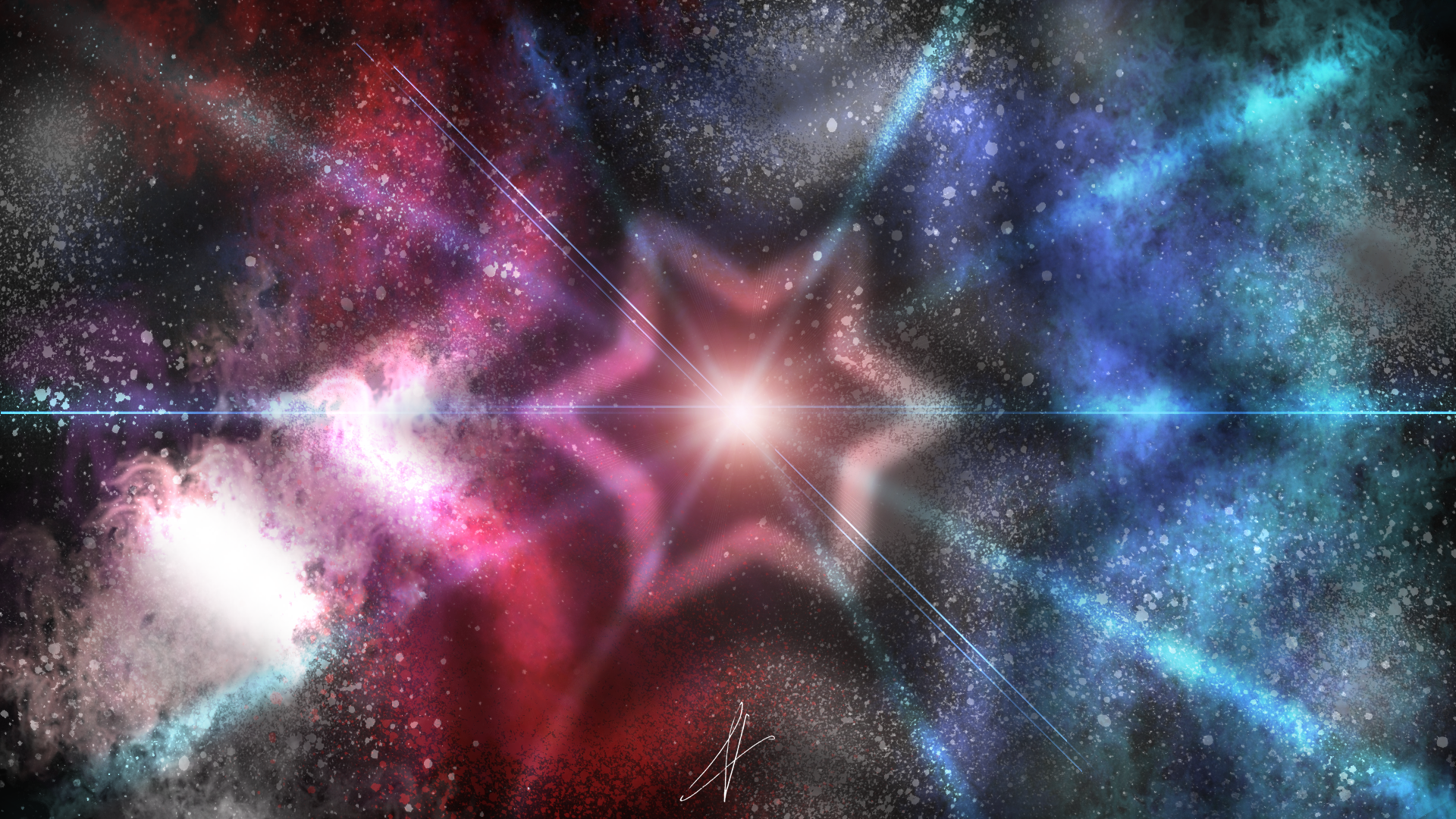 Artistic HD PC desktop wallpaper featuring a glowing star at the center surrounded by vibrant cosmic clouds in red, blue, and purple hues, evoking deep space.