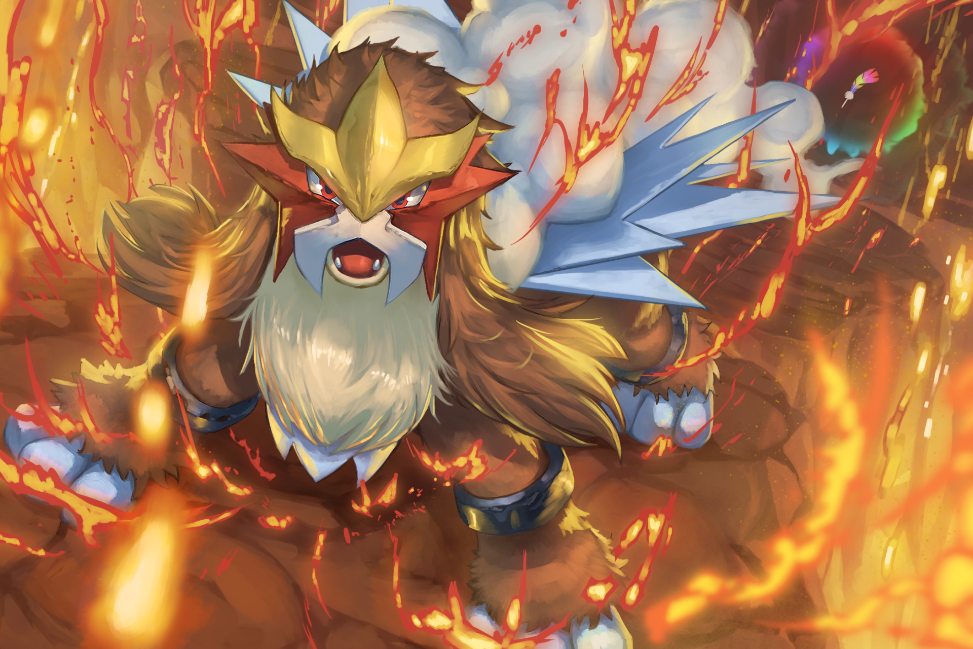 HD anime PC wallpaper of Entei (Pokémon) roaring amid swirling flames and embers, powerfully posed with blazing mane and dynamic, high-definition background.