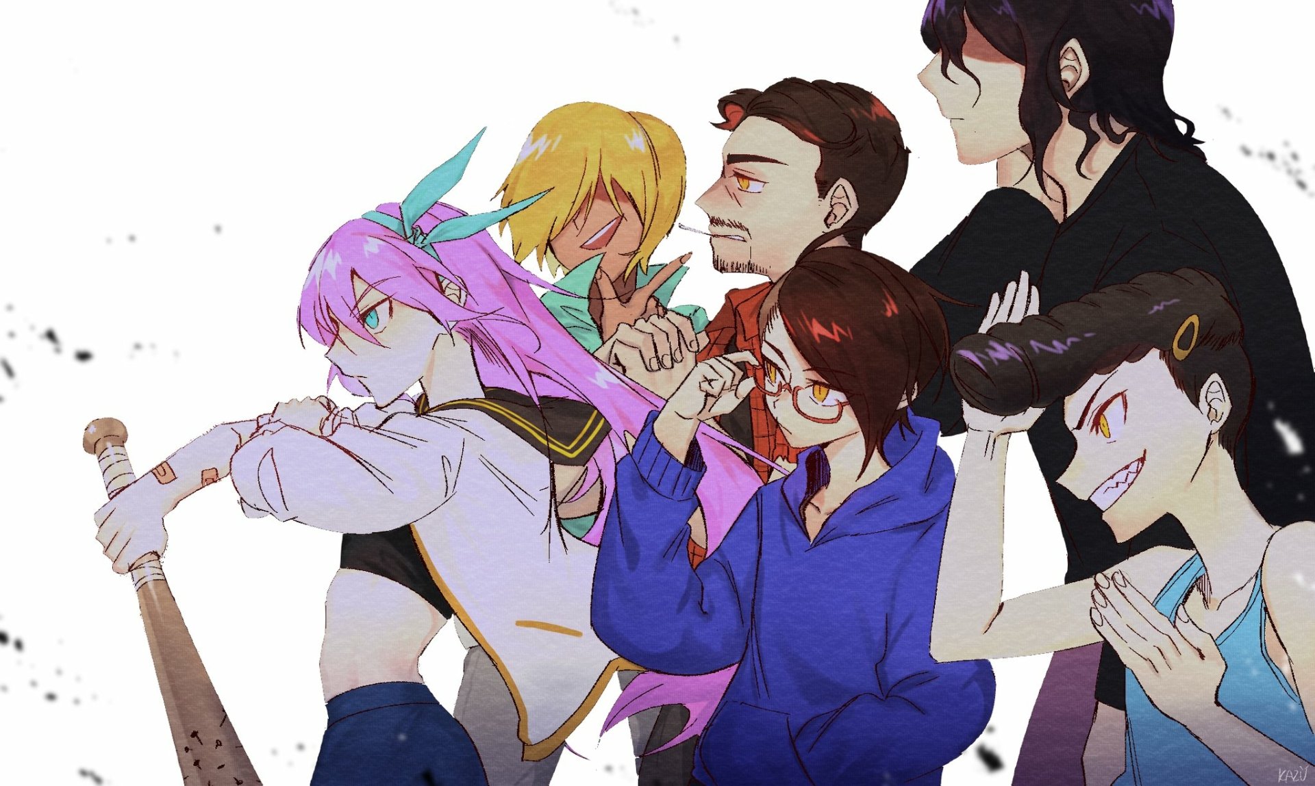 HD PC desktop wallpaper featuring characters Kim with pink hair and glasses holding a baseball bat, Aubrey, and others from the video game OMORI.