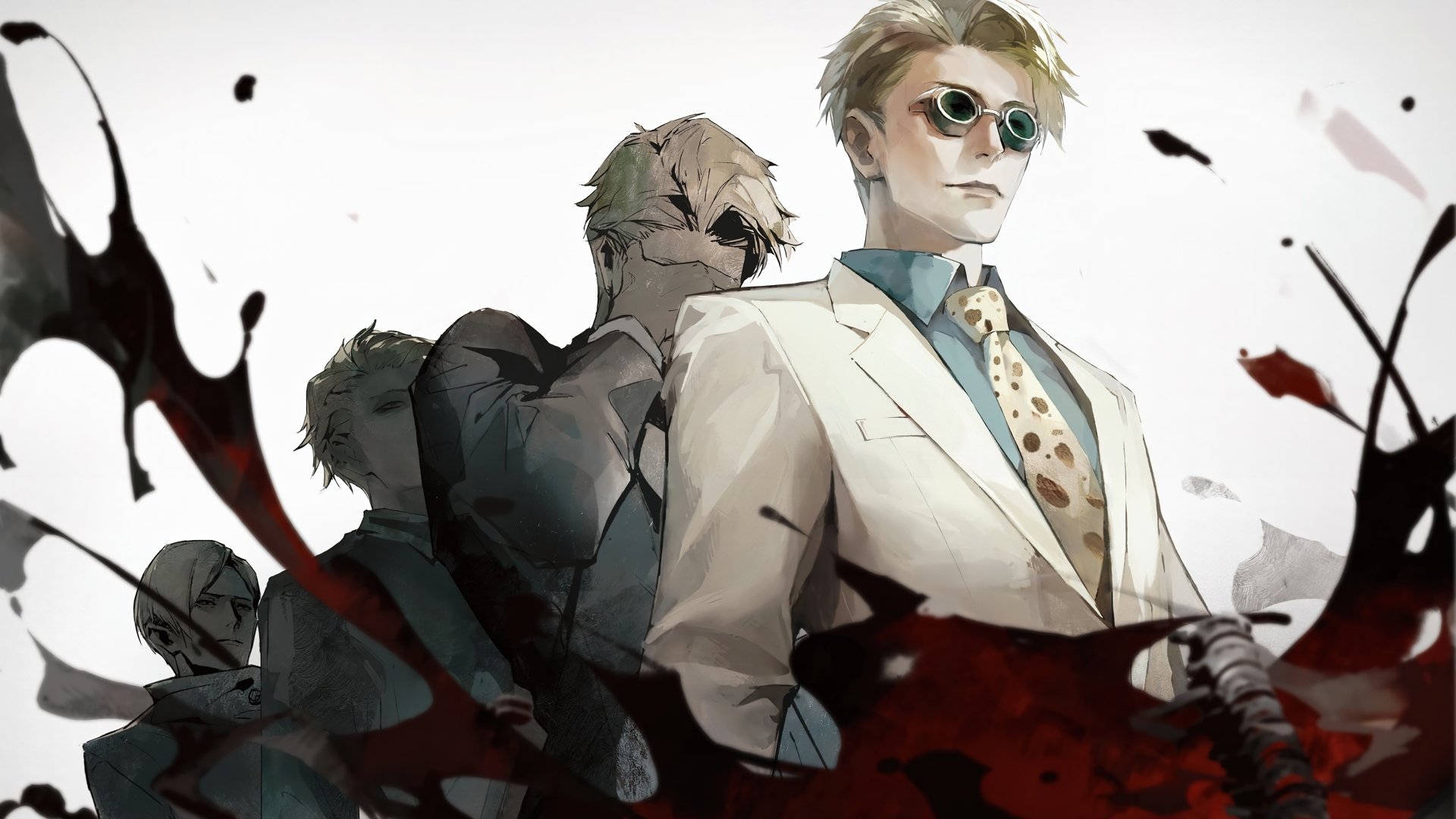 Kento Nanami from Jujutsu Kaisen stands confidently in a sharp suit and sunglasses, rendered in detailed anime style for a 4K Ultra HD PC desktop wallpaper.