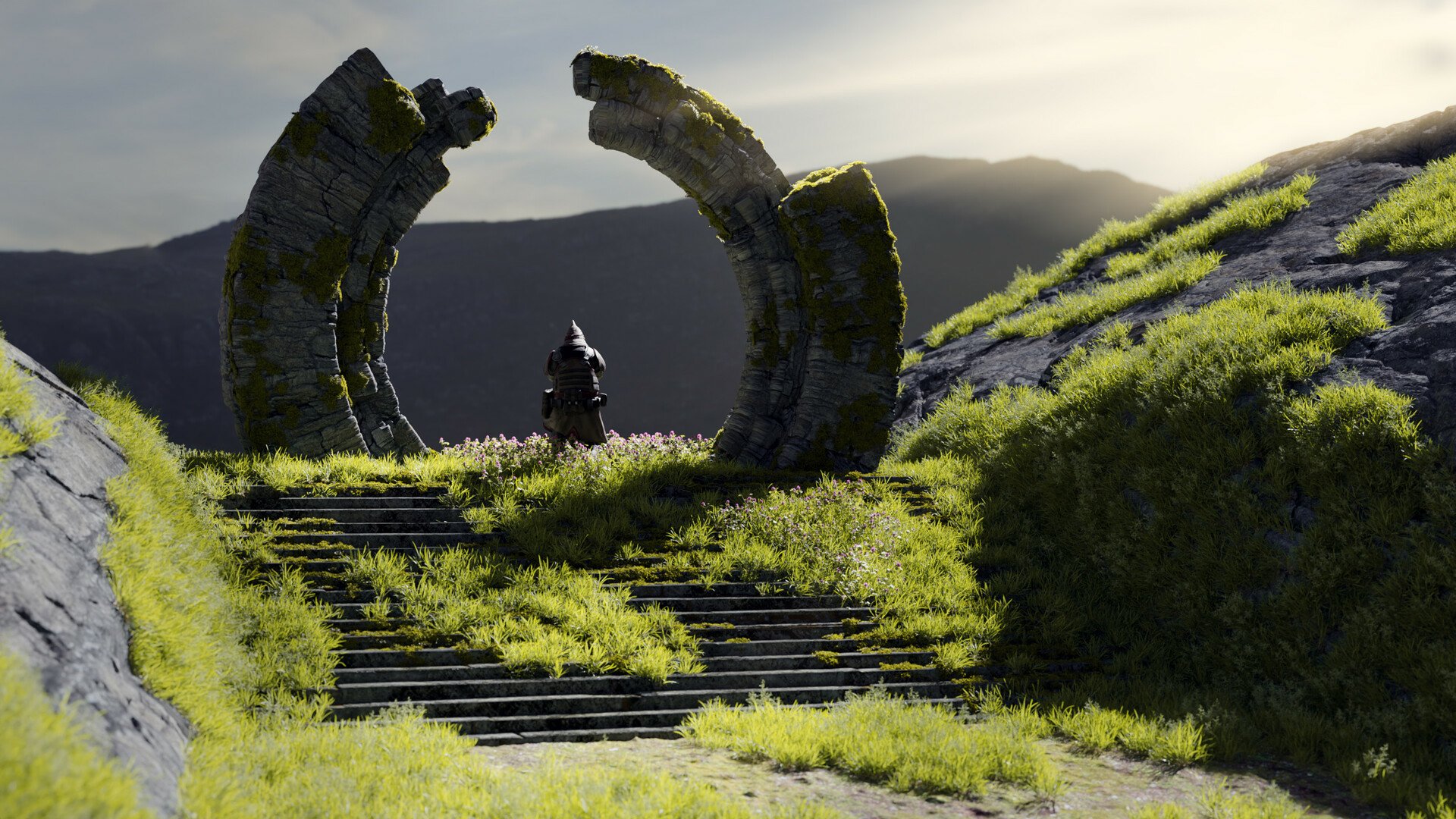 HD desktop wallpaper featuring a fantasy ruin with a lone figure standing between two large, ancient stone arches surrounded by lush green grass and distant mountains.
