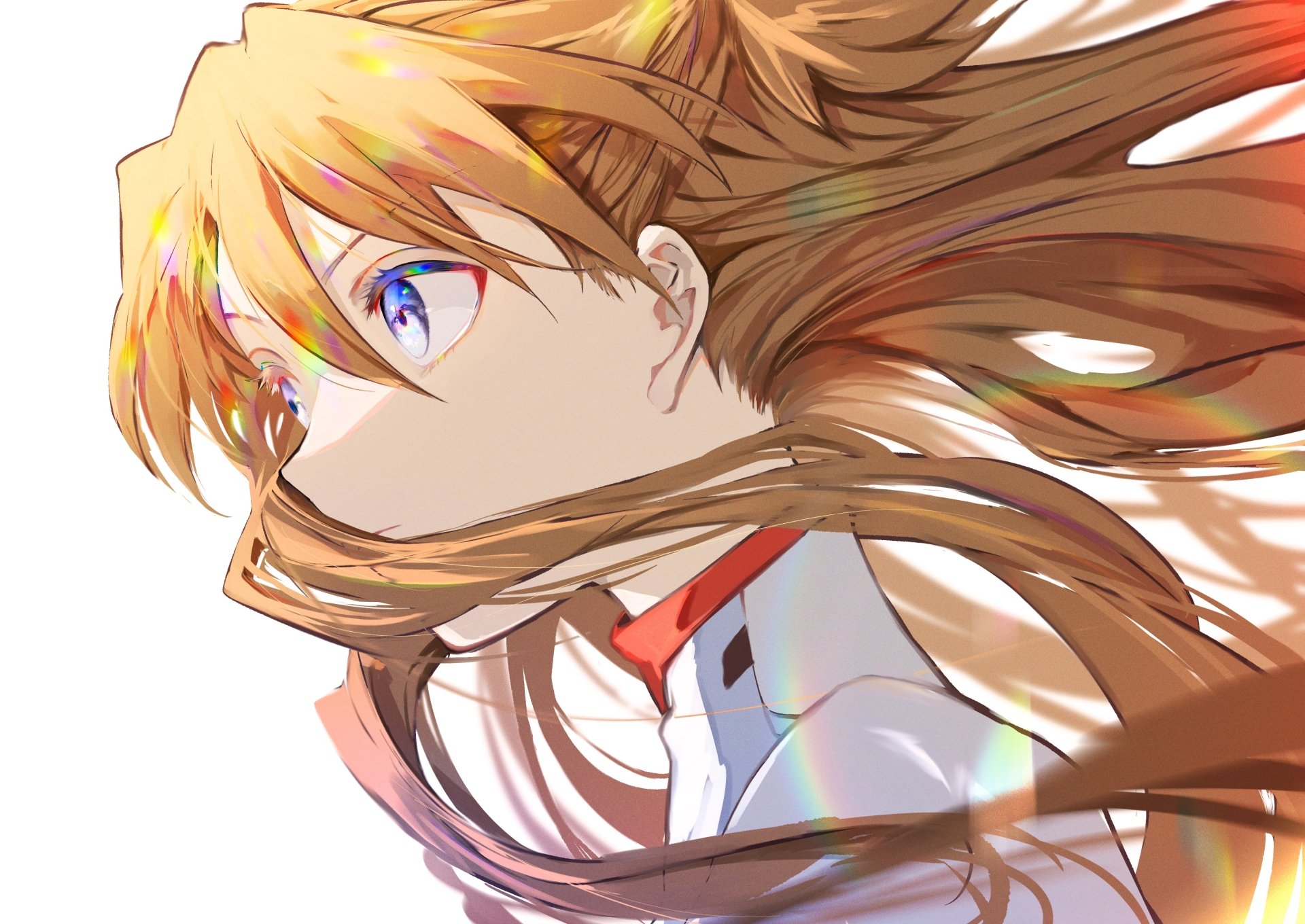 Profile of Asuka Langley Sohryu with long brown hair and blue eyes, wind-swept, wearing a red-trimmed plug suit collar; vibrant Neon Genesis Evangelion HD PC desktop wallpaper.