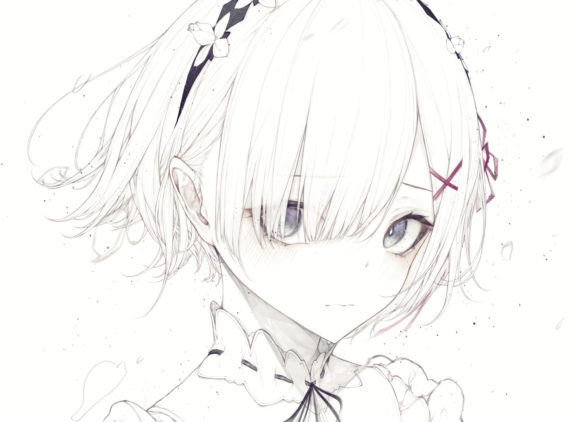 HD PC desktop wallpaper of Rem from the anime Re:Zero - Starting Life in Another World, featuring a soft, detailed sketch-style portrait with delicate shading.