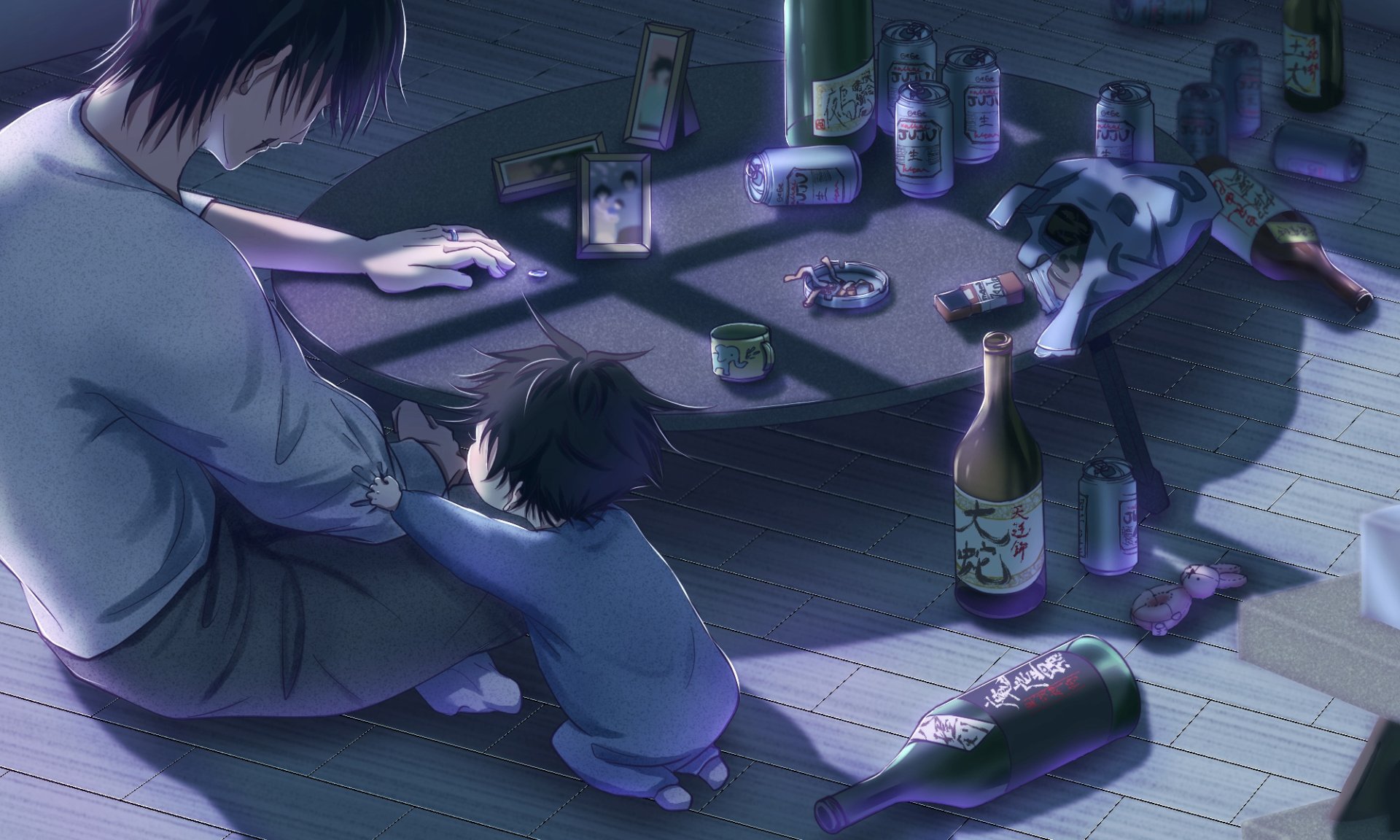 HD anime wallpaper featuring black-haired Megumi Fushiguro and Toji Fushiguro from Jujutsu Kaisen, depicted in a dimly lit room with scattered bottles and cards.
