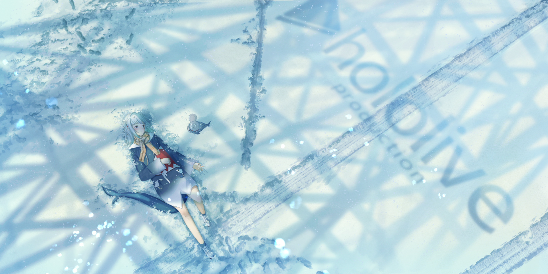 HD PC desktop wallpaper featuring Gawr Gura, an anime-style Virtual Youtuber, with a cool, icy blue background and dynamic snowflake patterns.