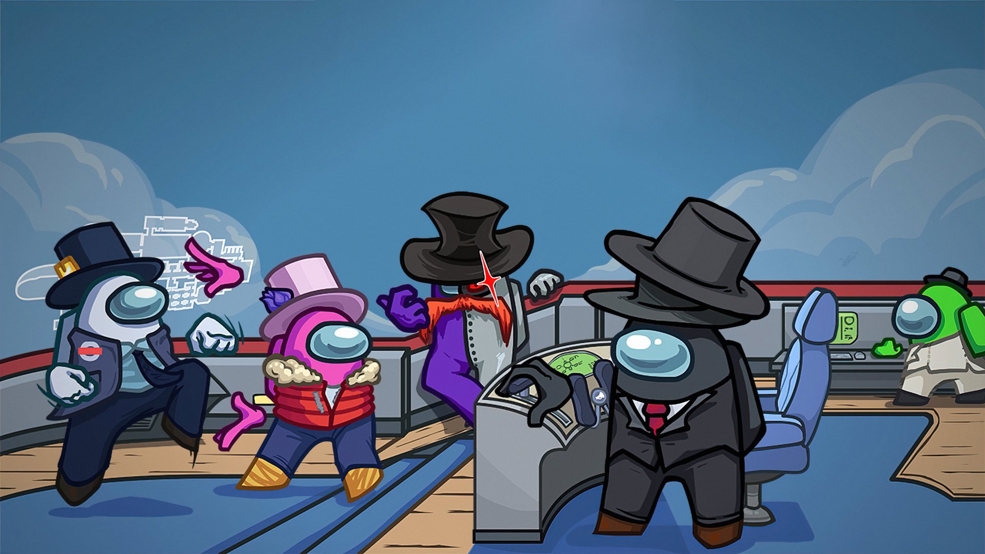 4K Ultra HD Among Us wallpaper showing crewmates and imposters in colorful outfits and hats aboard a spaceship bridge.