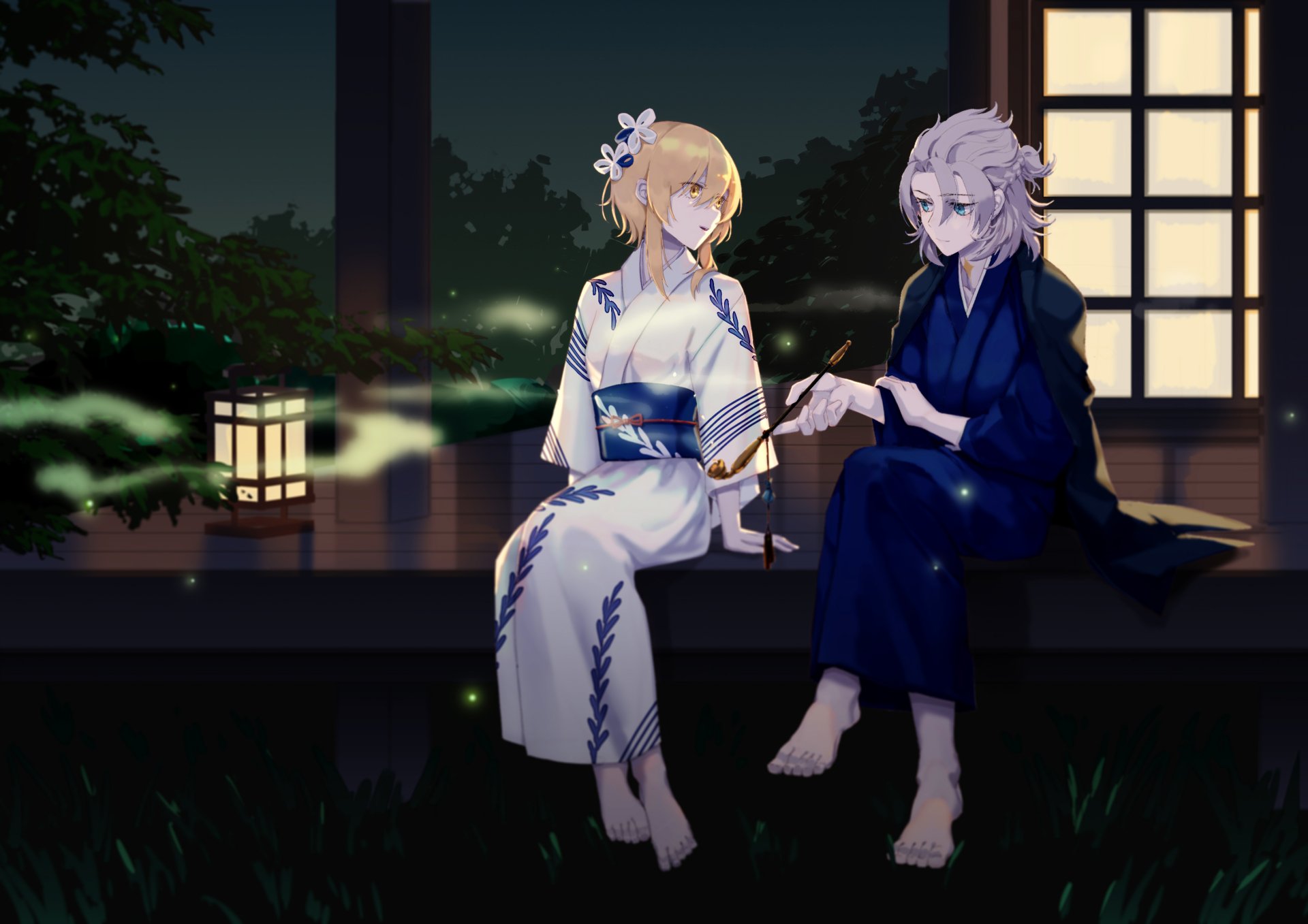 Lumine and Albedo from Genshin Impact wear traditional kimonos, sitting together on a veranda at night in this HD PC desktop wallpaper.