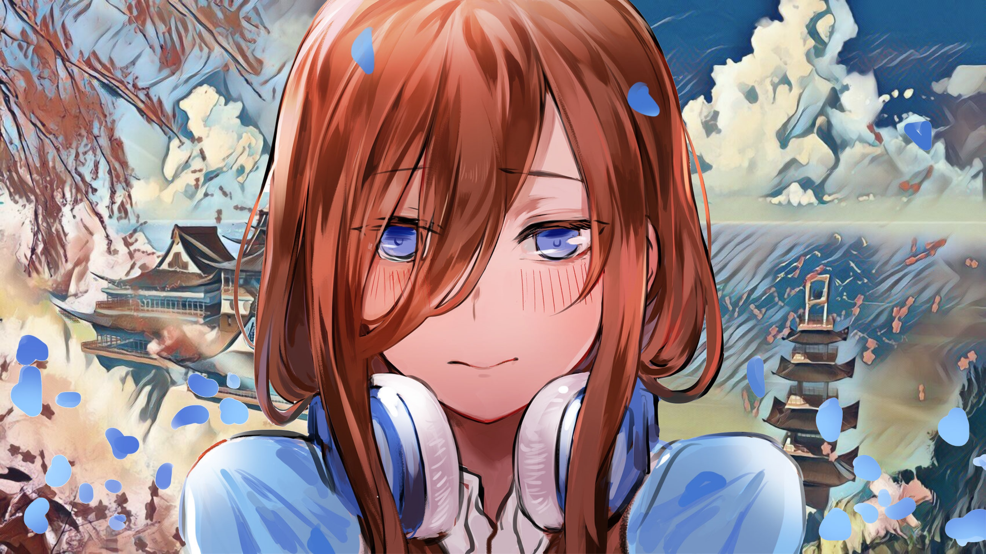 4K Ultra HD anime wallpaper featuring Miku Nakano from The Quintessential Quintuplets with detailed background of traditional buildings and blue sky.