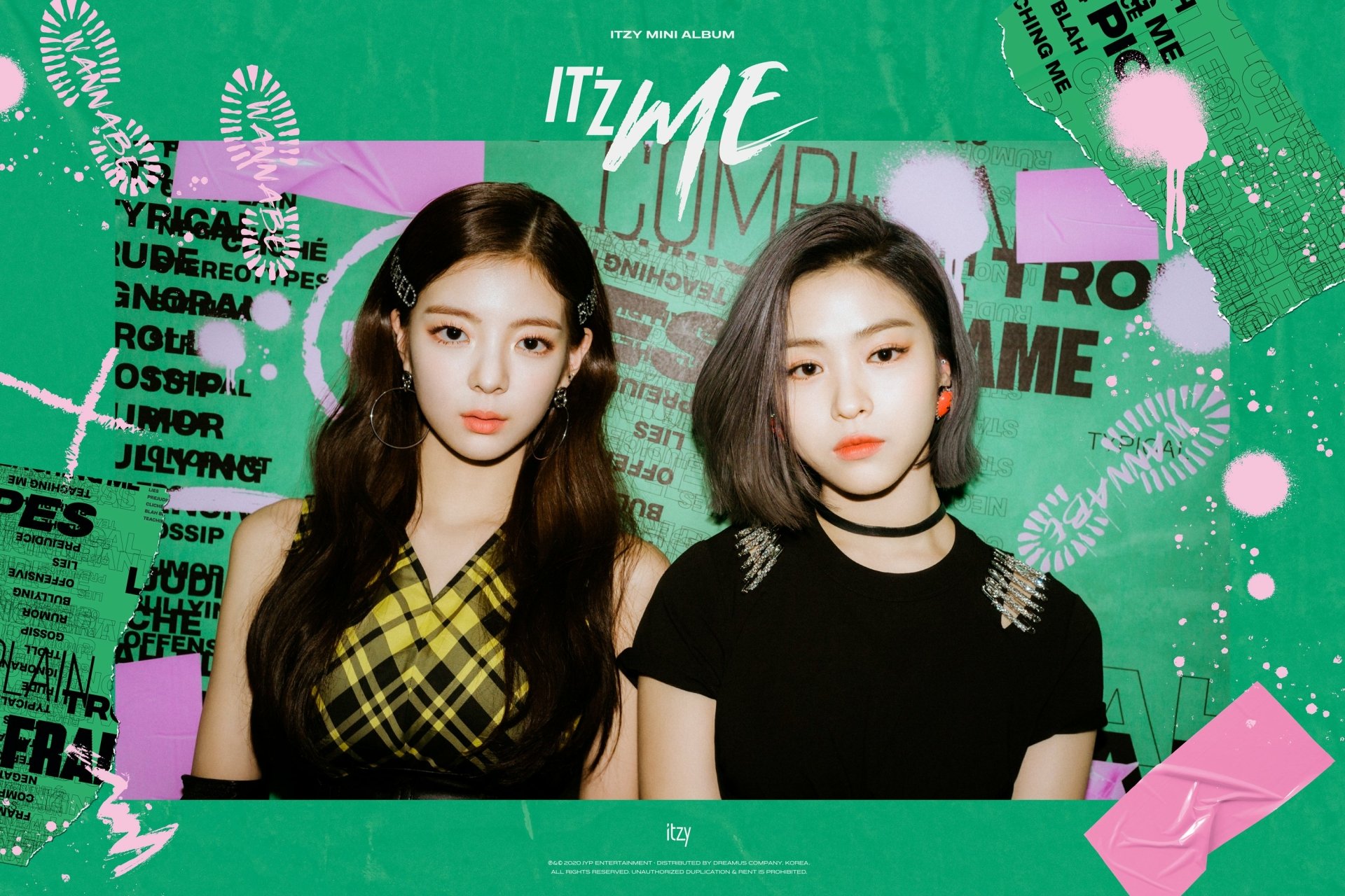 HD ITZY themed desktop wallpaper featuring two members with a vibrant green graphic background.