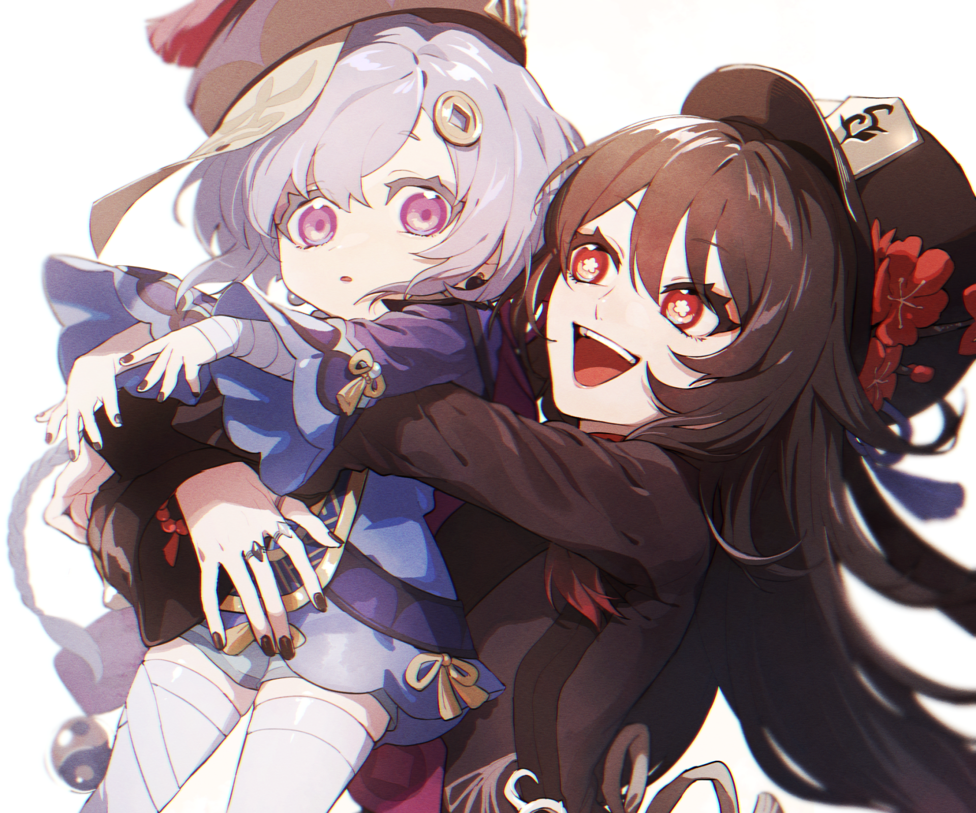 HD PC desktop wallpaper featuring Genshin Impact characters Hu Tao and Qiqi in vibrant, detailed anime-style art from the video game.