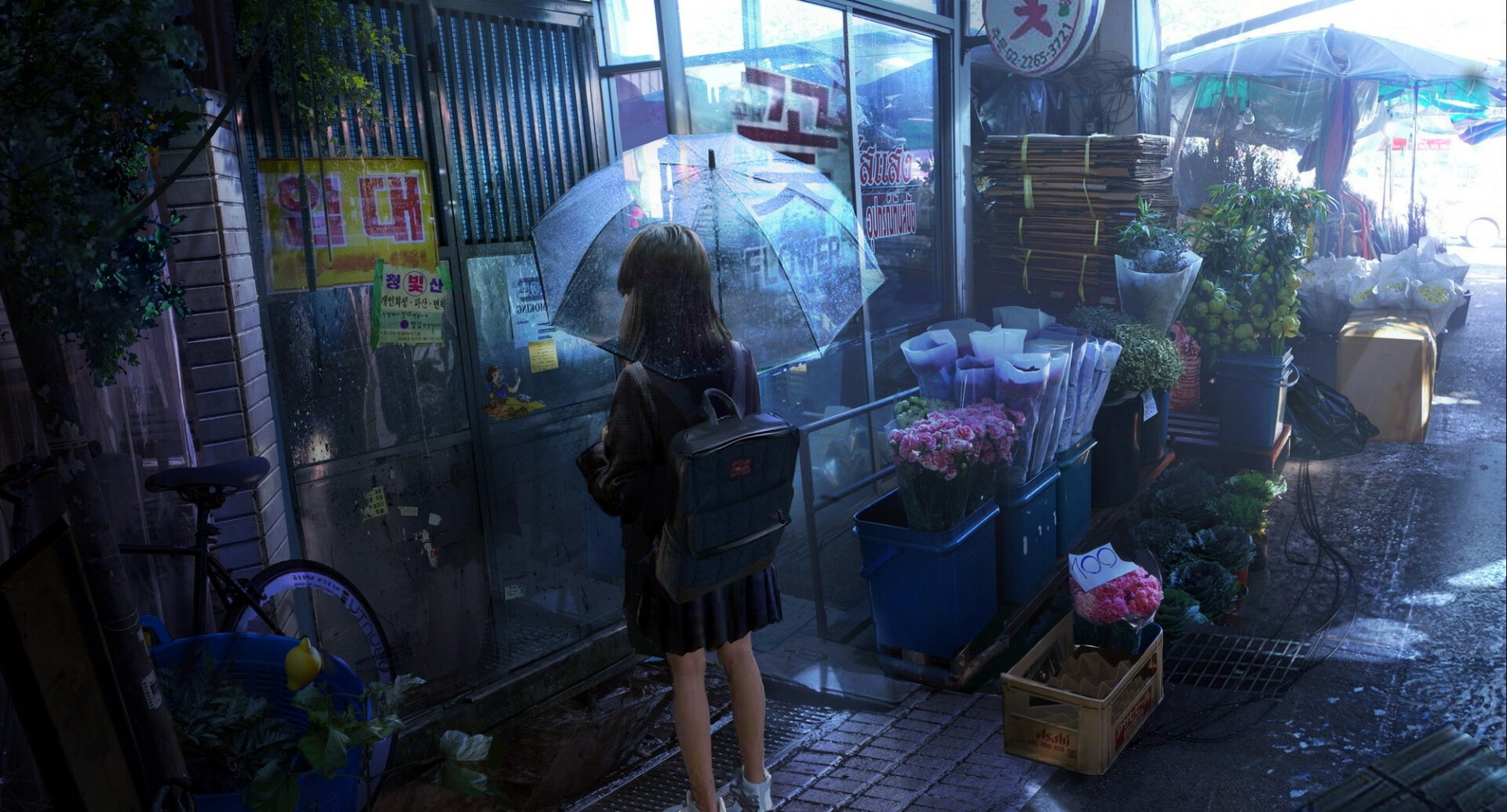 HD desktop wallpaper of an anime girl standing in front of a shop on a rainy day, holding a transparent umbrella. Surrounding her are flowers and other market items, creating a serene and nostalgic ambiance.