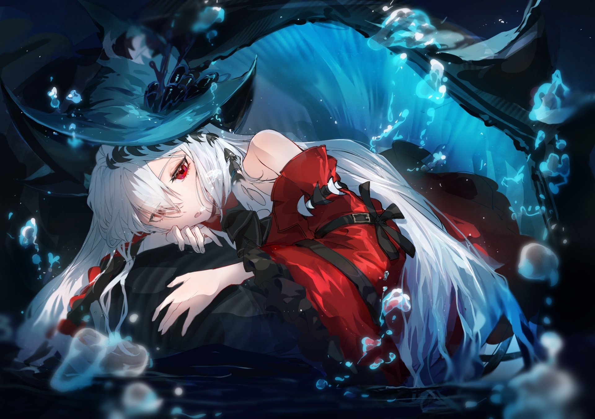 HD PC wallpaper featuring Skadi from Arknights with white hair and red eyes, depicted underwater in a striking video game artwork.