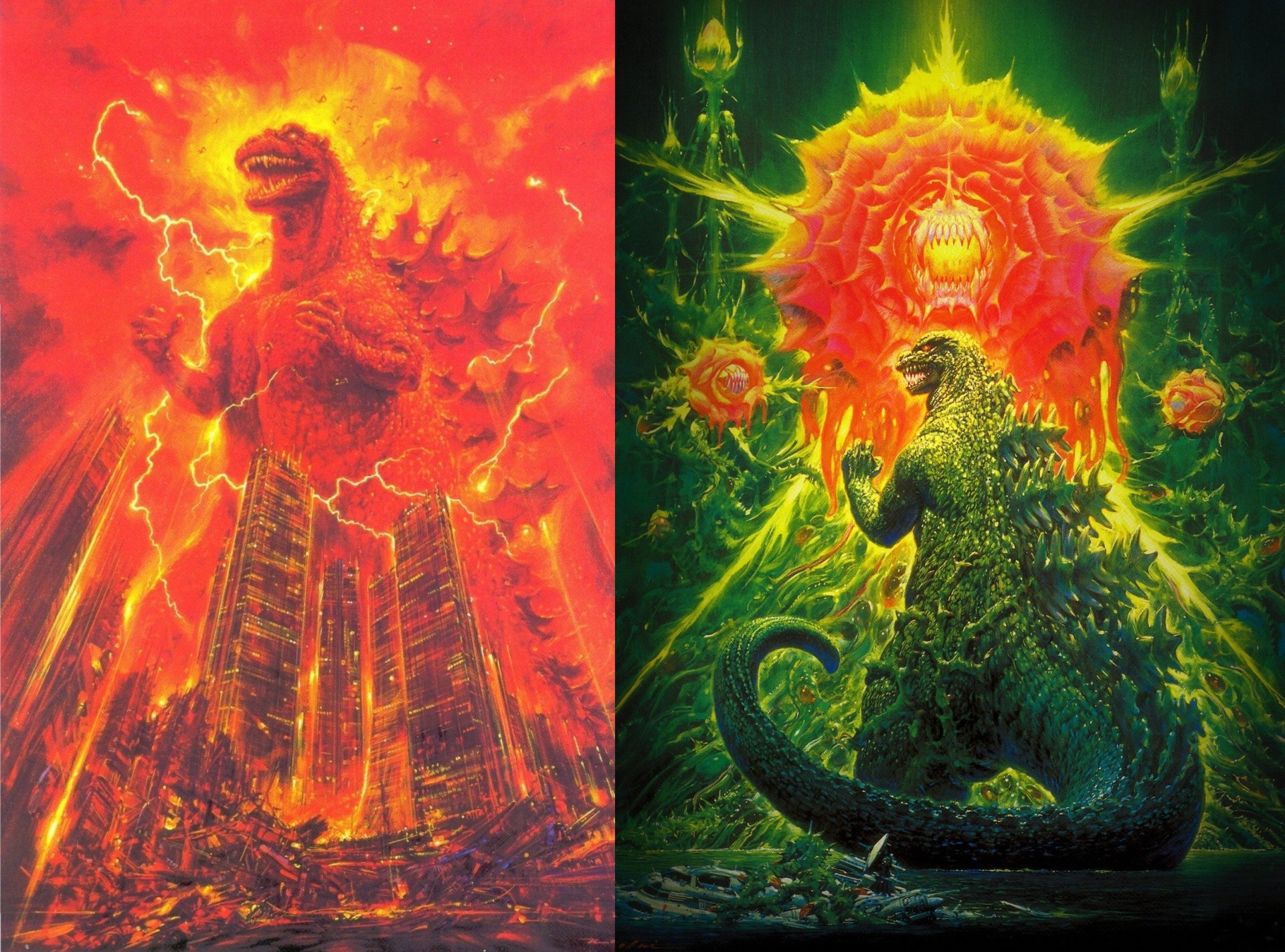 HD PC desktop wallpaper featuring Godzilla from the movie, depicted in fiery red and eerie green scenes with intense energy and towering presence.