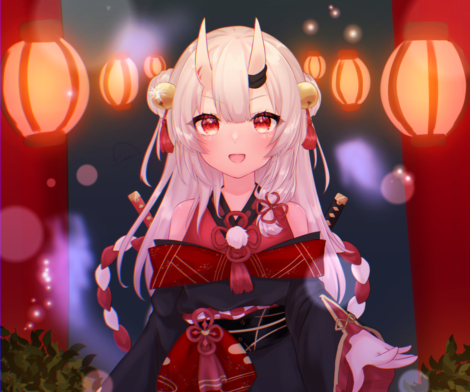 HD anime desktop wallpaper of Nakiri Ayame, a hololive Virtual YouTuber with white hair, red eyes, and horns, surrounded by glowing lanterns.