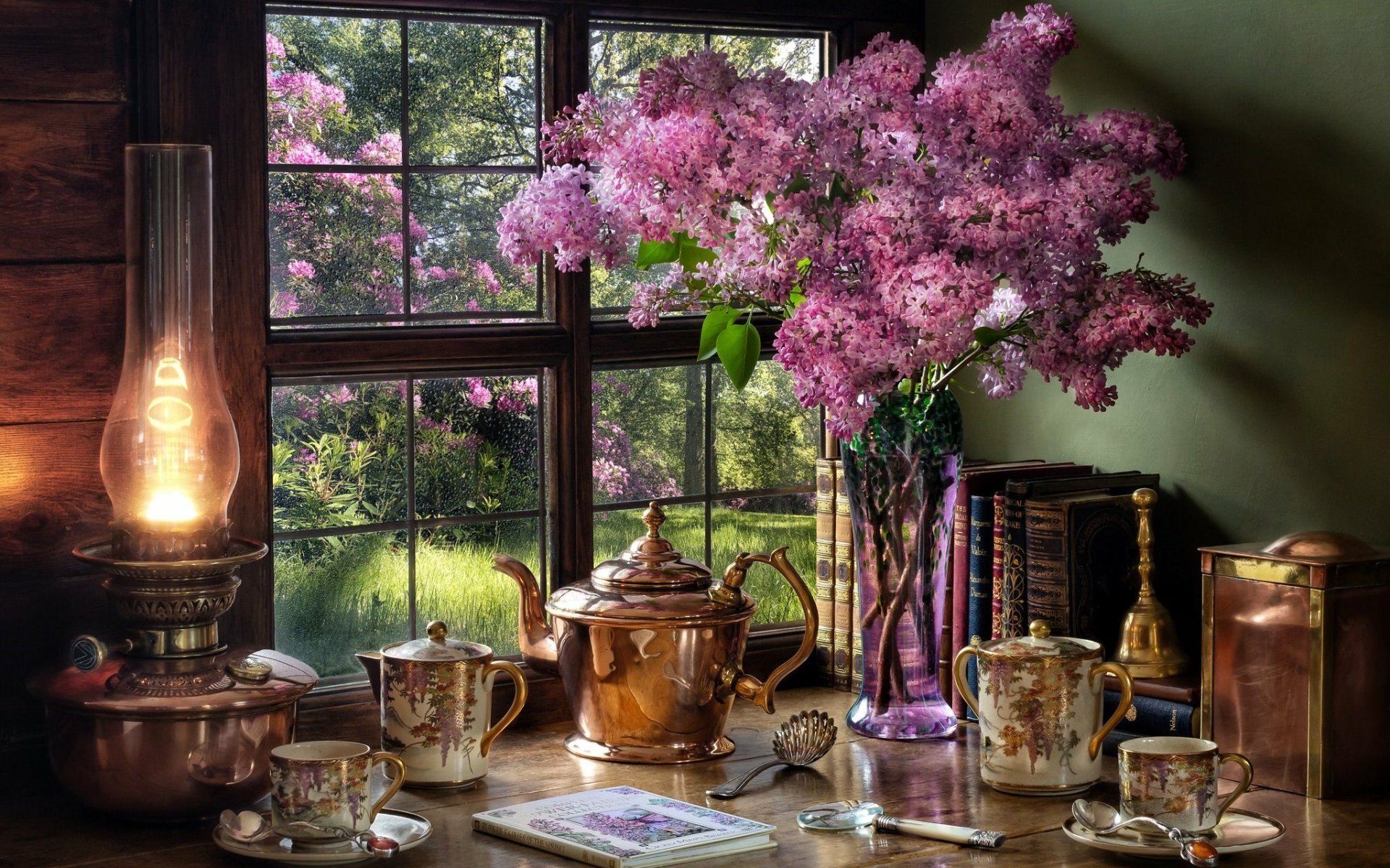 Download Cup Teapot Lamp Lilac Photography Still Life HD Wallpaper by Marcus Rodriguez