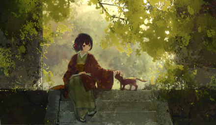Anime-style 4K Ultra HD wallpaper featuring Rinze Morino from The iDOLM@STER: Shiny Colors sitting on stone steps with a cat in a sunlit forest setting.