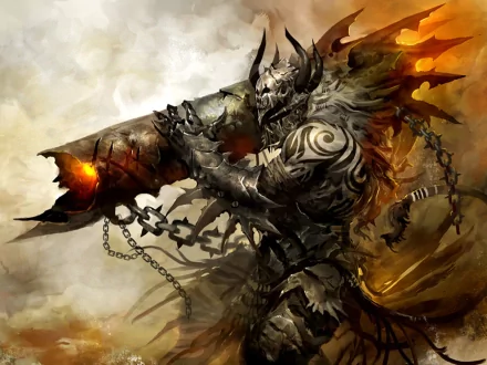 HD desktop wallpaper of a fierce character from the video game Guild Wars 2, clad in dark, spiked armor and holding a massive weapon emitting flames, set against a stormy, smoky background.
