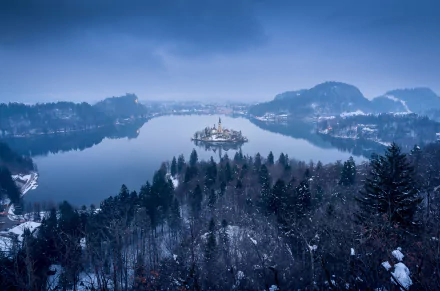 winter lake bled Slovenia island lake fog religious Assumption of Mary Church HD Desktop Wallpaper | Background Image