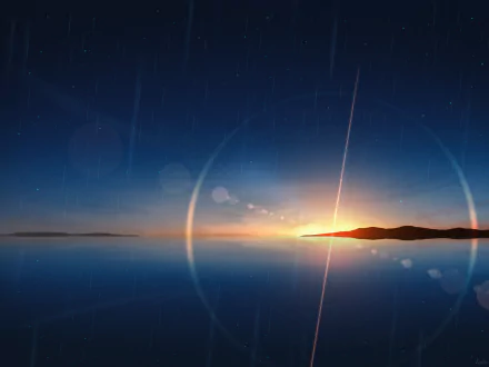 HD anime sunset desktop wallpaper: a serene sky reflected on glassy water, warm horizon glow behind silhouetted islands, streaks of light and lens flare across the scene.