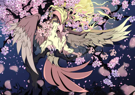 HD anime-style PC desktop wallpaper featuring Pidgeot, the Pokémon, surrounded by blooming cherry blossom petals against a dark, starry background.