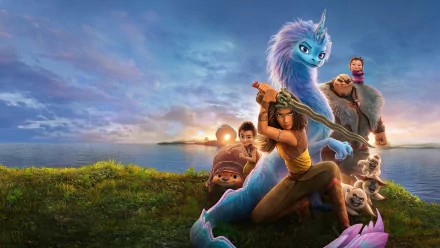 A vibrant 4K Ultra HD wallpaper featuring characters from Raya and the Last Dragon: Raya, Sisu, Tong, Boun, Little Noi, and Tuk Tuk, set against a picturesque landscape.