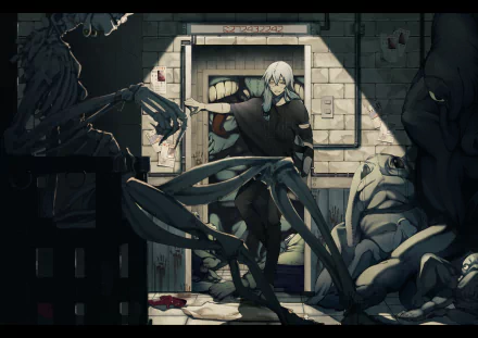 HD wallpaper featuring Mahito from the anime Jujutsu Kaisen, showcasing his blue hair and a dark, eerie environment with ominous figures in the background.