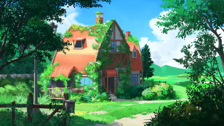 Anime-style house covered in greenery, set in a vibrant landscape under a bright blue sky, rendered in 4K Ultra HD for PC desktop wallpaper.