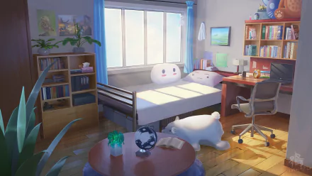 A cozy anime-style room featuring a bed, desk, bookshelves, and soft natural light, rendered in detailed 4K Ultra HD with a calming lofi atmosphere.