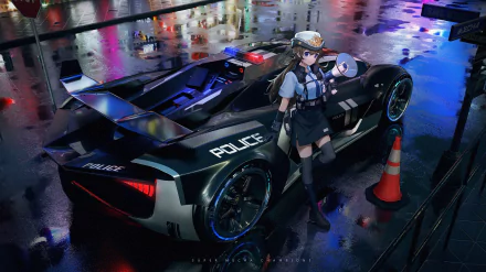 HD anime desktop wallpaper featuring a sleek police car and an anime girl in uniform holding a megaphone, set against a reflective, rain-soaked urban backdrop.