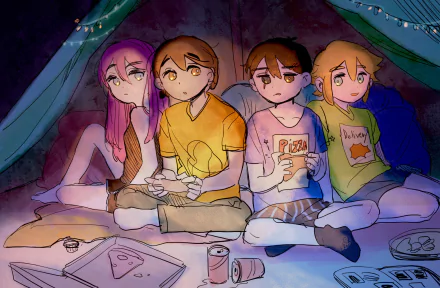 Sunny (Omori) brown hair pink hair blonde shirt socks Kel (Omori) Aubrey (Omori) Basil (Omori) OMORI video game HD Desktop Wallpaper | Background Image