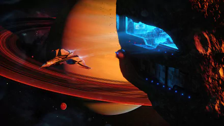 A high-definition desktop wallpaper featuring a sci-fi scene with a spaceship flying near the rings of a gas giant planet. A glowing blue facility is nestled within an asteroid in the background.