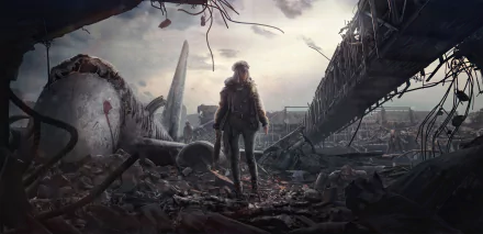 2K Quad HD sci-fi post-apocalyptic PC wallpaper: lone survivor in weathered gear stands amid ruined city and crashed aircraft under a bleak, cloudy sky.