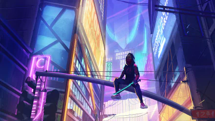 A futuristic cyberpunk cityscape with neon lights and a silhouetted figure perched on an elevated beam, rendered in vibrant 4K Ultra HD detail.