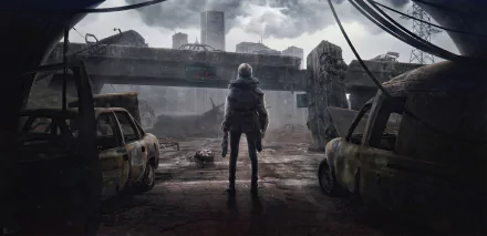 HD PC desktop wallpaper depicting a lone figure standing in a post-apocalyptic sci-fi cityscape with ruined cars and crumbling structures under a stormy sky.