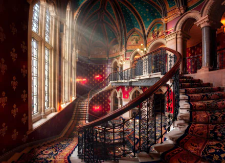 HD PC desktop wallpaper showcasing a grand, ornately decorated man-made room with a sweeping staircase and colorful stained-glass windows casting light inside.