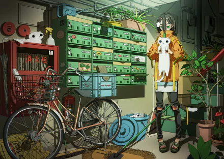 HD PC desktop wallpaper: anime girl and anime cat in a cluttered garage with a bicycle, green storage shelves and potted plants.