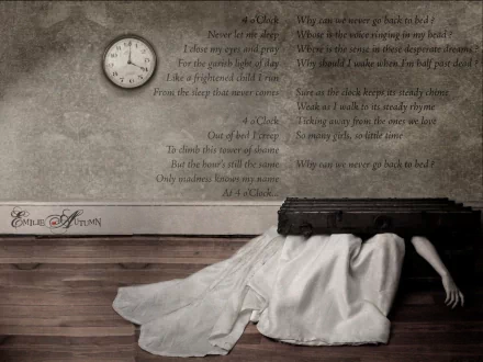 HD PC desktop wallpaper/background, music-themed: a woman in a white gown collapsed face-down on a bench beneath a wall clock, faded poem text on a distressed, gothic backdrop.