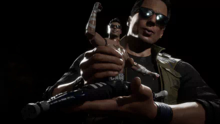 Johnny Cage (Mortal Kombat 11) video game HD PC desktop wallpaper: two poses, sunglasses, confident smirk against a dark background.