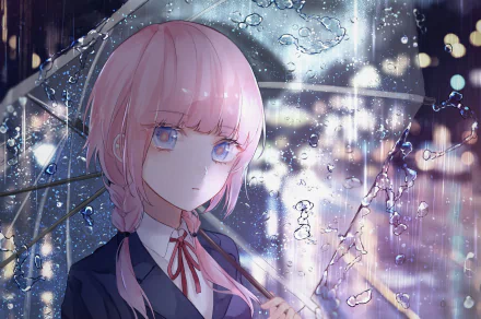 HD PC desktop wallpaper of Kaf (Virtual YouTuber): pink-haired anime girl holding a transparent umbrella in rain, raindrops and city lights blurred into a moody, luminous background.