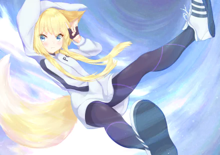 HD anime desktop wallpaper featuring Kon from Kemono Jihen with blonde hair, blue eyes, wearing a hoodie and black leggings against a swirling blue background.