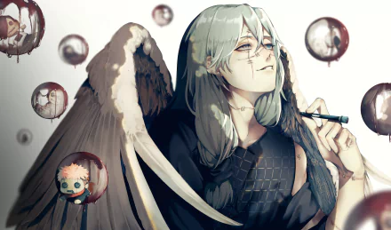 HD anime desktop wallpaper featuring Mahito from Jujutsu Kaisen with grey hair, dark wings, and floating reflective spheres showcasing distorted faces.