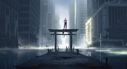 A striking HD wallpaper featuring Sukuna from Jujutsu Kaisen, standing atop a structure amidst a futuristic, fog-filled cityscape.