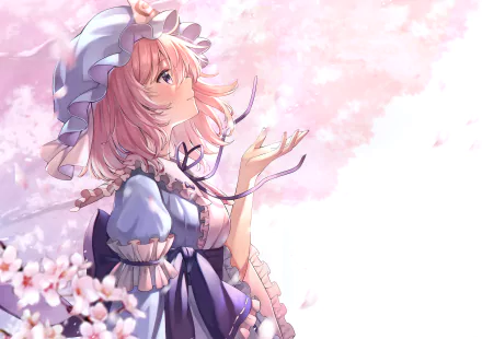 Anime-style 4K Ultra HD wallpaper featuring Yuyuko Saigyouji with pink hair, purple eyes, and a hat, surrounded by soft cherry blossoms in the Touhou universe.