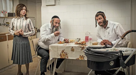HD desktop wallpaper featuring characters from Shtisel in a domestic scene with a woman standing and two men at a dining table.