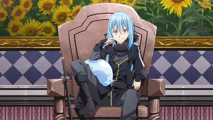Rimuru Tempest sits confidently on a throne, surrounded by sunflowers, in this vibrant 4K Ultra HD wallpaper from the anime That Time I Got Reincarnated as a Slime.