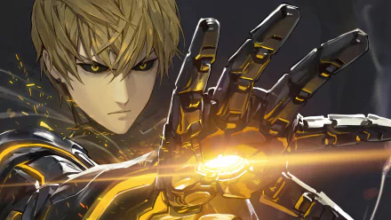 Genos from One-Punch Man in detailed anime style, showcasing his glowing mechanical arm in a 4K Ultra HD PC desktop wallpaper and background.