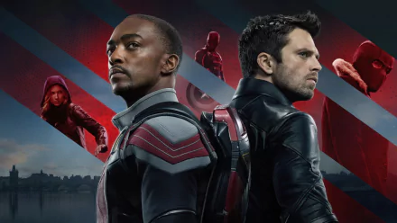 HD desktop wallpaper featuring Sam Wilson as Falcon and Bucky Barnes as Winter Soldier from The Falcon and the Winter Soldier TV show, with characters like John Walker and Baron Zemo.