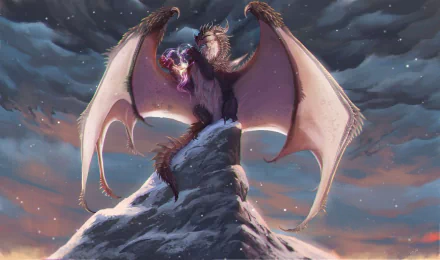 Fantasy dragon perched on a snowy peak under a stormy dusk sky, clutching a glowing crystal — dramatic HD PC desktop wallpaper and background.