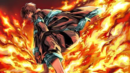HD desktop wallpaper featuring Shinra Kusakabe from the anime Fire Force, standing against a fiery background with flames surrounding him.